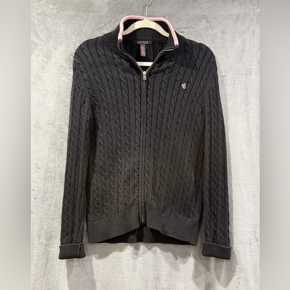 Lauren Ralph Lauren Cable Knit Cardigan Sweater Black Pink Logo Preppy Size M